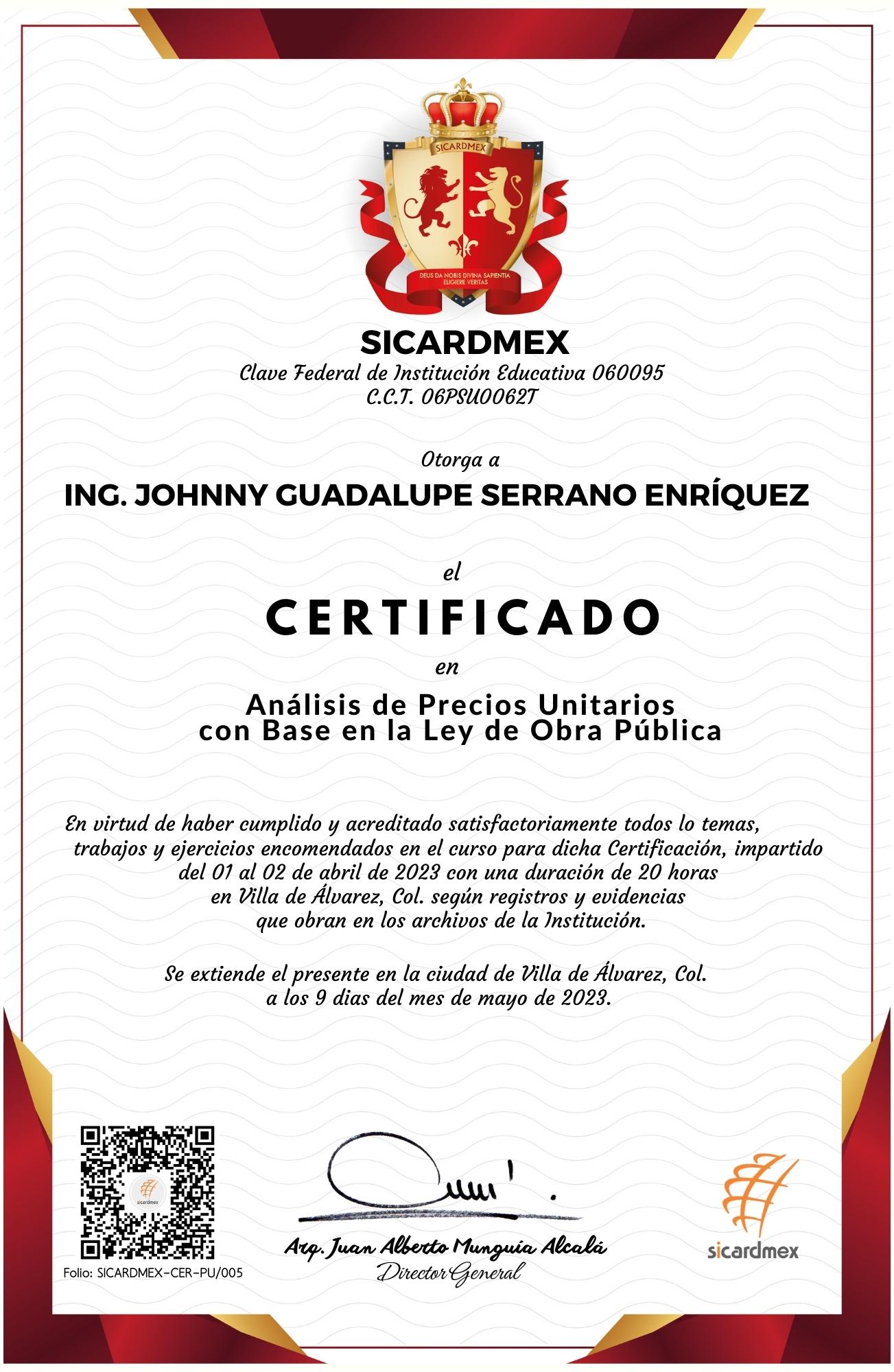 CERTIFICADO Johnny Guadalupe Serrano