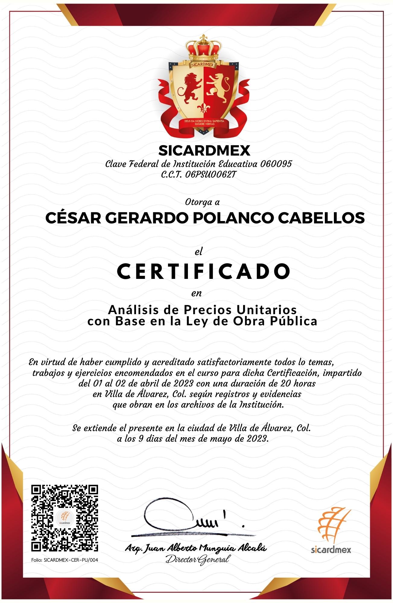 Certificado cesar Polanco