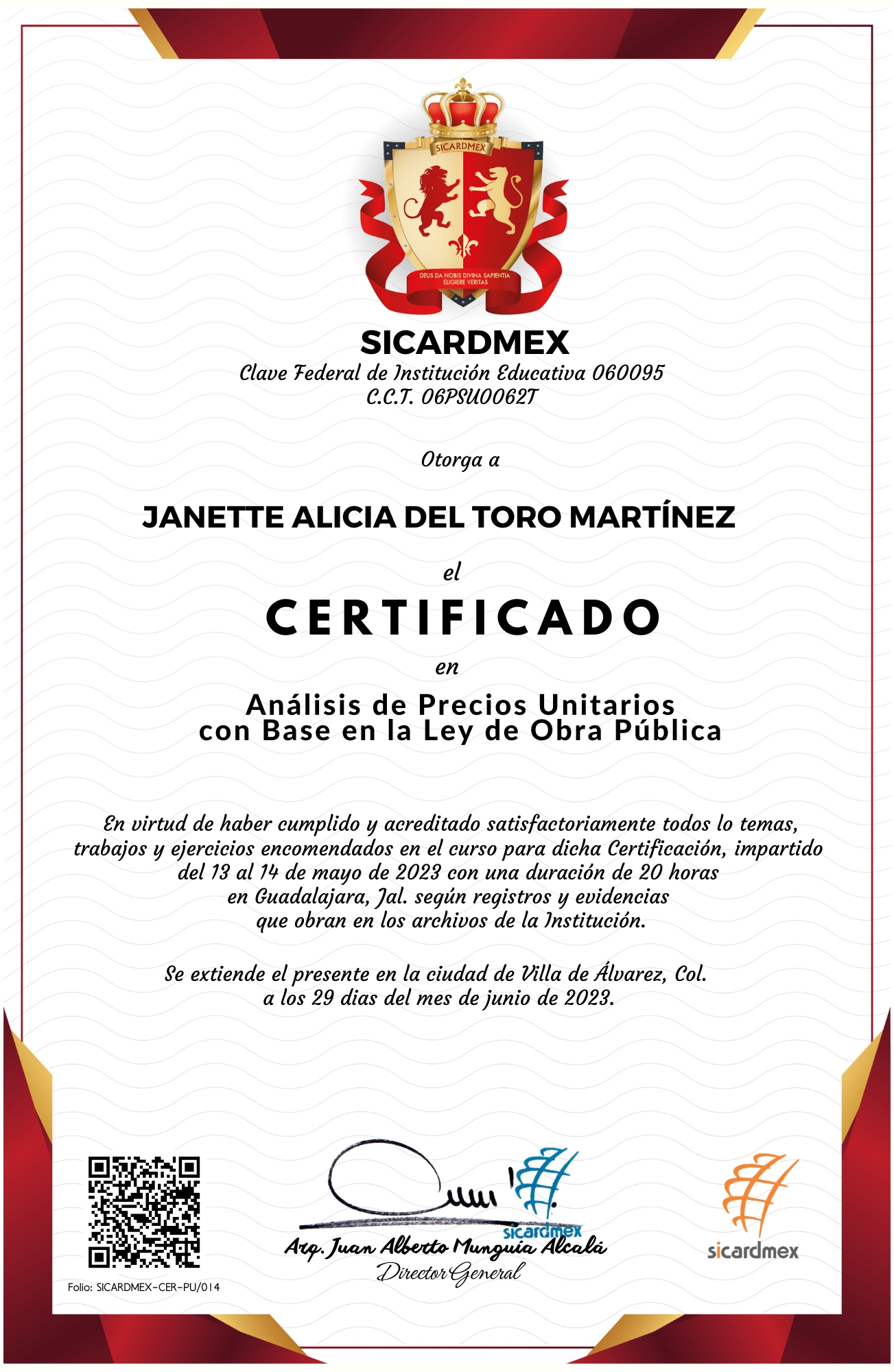 CERTIFICADO Janette del Toro